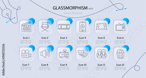 Cinema film production media set icon. Line symbols with scene clapperboard, director chair, film strip, smartphone video player, stage curtain, television, video camera, speaker sound, projector