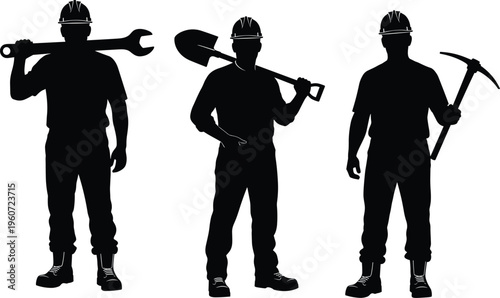 Set of three worker silhouettes wearing hard hats holding large wrench shovel and pickaxe isolated on white background for industrial design
