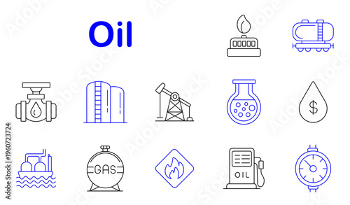 Oil industry set icon. Line style icons display pipeline valve, storage tanks, pumpjack drill, chemical flask, oil drop, refinery ship, gas tank, fire sign, fuel dispenser, pressure gauge