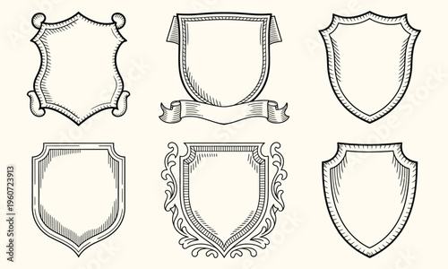 Heraldic Shields for Coat of Arms Design, Hand Drawn Engraving in Traditional Medieval Style with Scrolls and Ribbons, Vintage Family Crest Templates with Modern Elements Vector Set