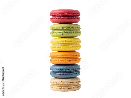 Six small sweet soft fresh colorful French macaron cookies isolated transparent background image