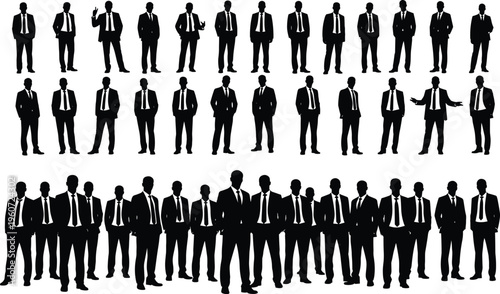 Businessmen silhouettes in professional suits, standing in diverse poses, formal attire vector illustration for corporate design, animation, and behavioral studies projects