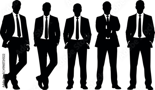Businesspeople silhouettes vector illustration showing formal poses in suits, standing stances with crossed arms, pockets, professional corporate artwork