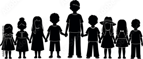 Children holding hands silhouette icons vector illustration with black design, friendship symbol artwork, unity and community concept element