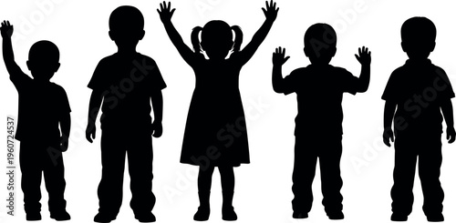 Children silhouettes vector illustration showing playful poses with raised arms, expressive gestures, standing stances, childhood design artwork
