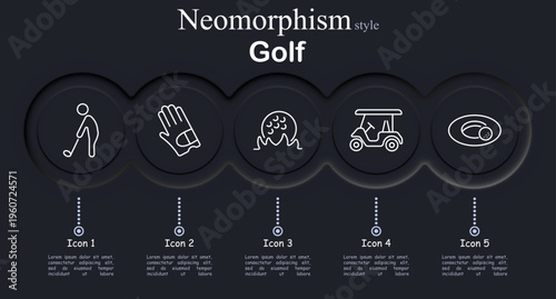 Golf set icon. Neomorphic circular interface line icons with golfer swinging club, sport glove hand gear, golf ball grass, course cart vehicle, hole flag ball. Minimal dark interface layout