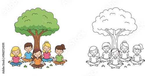 Diverse Kids Meditating Under a Tree - Peace, Mindfulness, and Nature