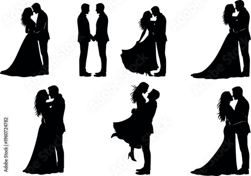 Couple silhouettes vector illustration showing romantic poses, hugging, kissing, holding hands, lifting partner, love, wedding, romance artwork