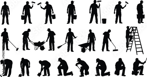 Set of worker silhouettes including painters builders and gardeners with tools ladder and wheelbarrow isolated on white background for industrial design