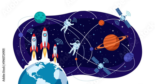 Illustration of a family with astronaut characters in outer space celebrating International Day of Human Space Flight with a vector design on a white background.