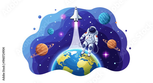 Illustration of an astronaut launching into outer space with a rocket, surrounded by planets and stars on International Day of Human Space Flight, with a vibrant and colorful design.