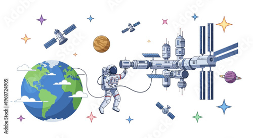 Illustration of an astronaut in a spacesuit connected to a space station with a tether, surrounded by planets, stars, and satellites on International Day of Human Space Flight.