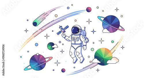 Illustration of an astronaut floating in outer space with planets, stars, and a comet, celebrating the International Day of Human Space Flight.