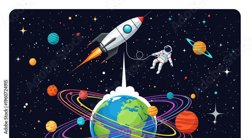 Illustration of a rocket launching into outer space with an astronaut and planets on International Day of Human Space Flight.