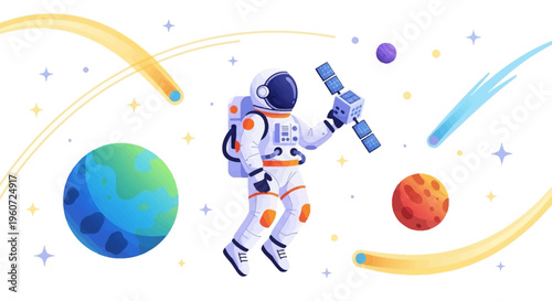 Illustration of an astronaut in a spacesuit floating amidst planets and stars on International Day of Human Space Flight with a colorful galaxy background.