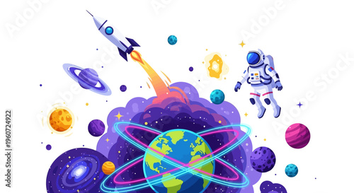 Illustration of a family in space suits with astronaut and rocket ship soaring through galaxy on International Day of Human Space Flight with colorful planets and stars.