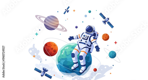 Vector illustration of an astronaut floating on a planet surrounded by satellites and celestial bodies on International Day of Human Space Flight