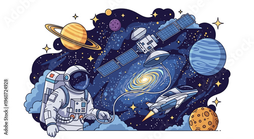 Illustration of an astronaut and a family in outer space celebrating the International Day of Human Space Flight with planets and stars.