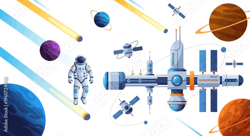 Illustration of an astronaut and spacecraft in outer space with planets and stars, celebrating the International Day of Human Space Flight with a futuristic design on a white background.