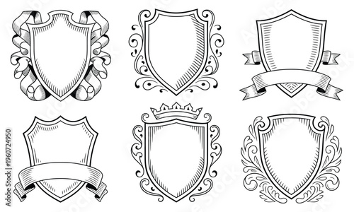 Heraldic Shields for Coat of Arms Design, Hand Drawn Engraving in Traditional Medieval Style with Scrolls and Ribbons, Vintage Family Crest Templates with Modern Elements Vector Collection