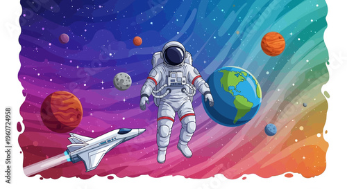 Illustration of an astronaut floating in outer space with a planet, spaceship, and colorful galaxy background, celebrating International Day of Human Space Flight.