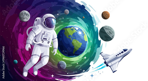 Illustration of an astronaut floating in outer space with planets and a spaceship on International Day of Human Space Flight.