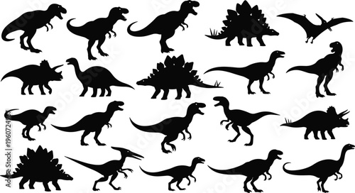 Dinosaur silhouettes featuring Tyrannosaurus, Stegosaurus, Triceratops, Pterodactyl, Sauropods vector illustration for prehistoric wildlife, education, design, art, and creative projects