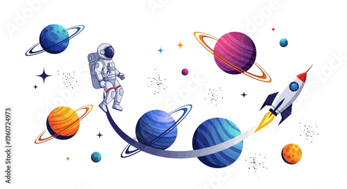 Illustration of an astronaut floating amidst colorful planets, stars, and a rocket ship on International Day of Human Space Flight with a vibrant, outer space background.