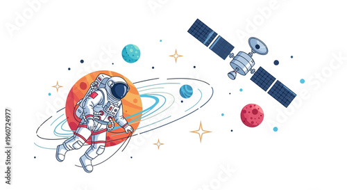 Illustration of an astronaut in space with a satellite, planets, and stars on International Day of Human Space Flight.
