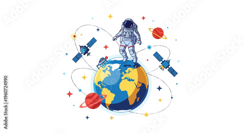 Illustration of an astronaut standing on Earth with satellites orbiting around it, celebrating International Day of Human Space Flight in outer space with a colorful galaxy background.