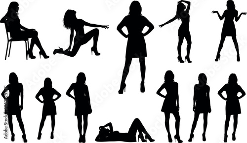 Female silhouettes vector illustration showing varied poses in dress and heels, sitting, standing, kneeling, lying, gesturing, fashion body language