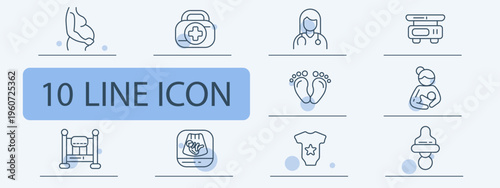 Baby care set icon. Feeding, medical kit, doctor, ultrasound, feet, mother, cradle, monitor, bodysuit, pacifier, health, newborn, parenting, clinic