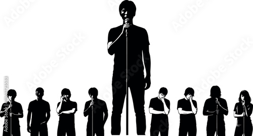 Leader silhouette vector illustration showing central figure at microphone with surrounding group, prominence, authority, dramatic visual artwork