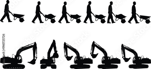 Silhouettes of construction workers pushing wheelbarrows and heavy excavator machinery icons for building site industrial projects isolated on white background