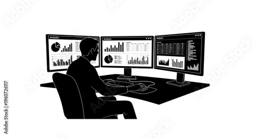 A black and white vector illustration of a professional analyst working on three computer monitors