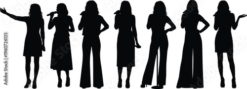 Silhouettes of women performers in stylish poses, singing with microphones, expressive fashion stances, creative vector illustration for entertainment and artistic projects