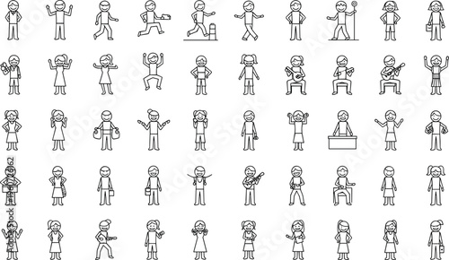 Stick figure silhouettes vector illustration showing diverse human activities, professions, hobbies, gestures, emotions, dynamic poses, creative artwork