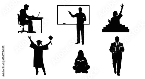 A collection of black silhouettes representing various educational scenes and academic activities