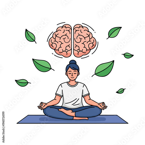A person meditates cross-legged on a blue mat with a brain above their head surrounded by green leaves on a white background.