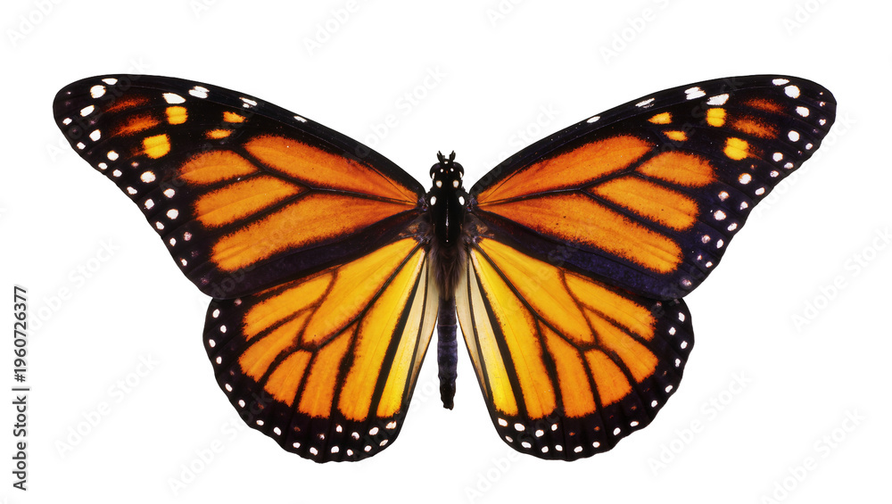 Obraz premium Vibrant monarch butterfly with intricate orange black and white wing patterns, isolated on transparent background for nature designs and educational materials