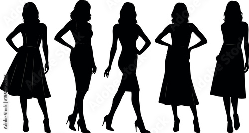 Women silhouettes vector illustration showing fashion poses in dresses and high heels, stylish stances, clothing design, fashion artwork