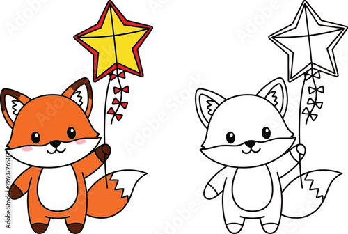 Cute Fox Holding a Star Shaped Kite Adorable Animal Play Illustration