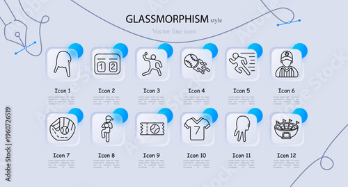 Baseball set icon. glove catch, scoreboard, diving player, fast ball, running athlete, umpire, stadium seat, pitcher throw, match ticket, jersey uniform, catcher glove, arena building