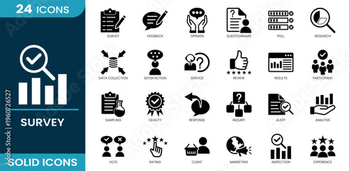 Survey icon set. Questionnaire, feedback, opinion, poll, research, data collection, satisfaction, review, response, analysis and more. Solid vector icons collection.