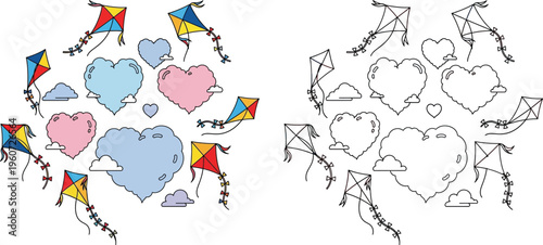 Heart Clouds and Kites Pattern Playful Sky Elements for Design
