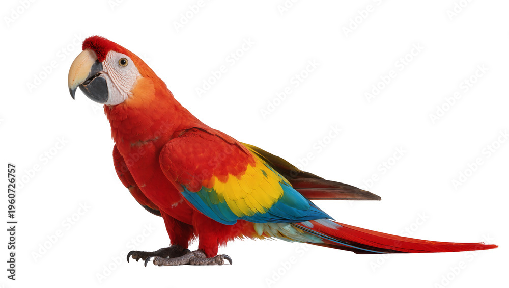 Fototapeta premium Vibrant scarlet macaw parrot with yellow blue and green plumage, perched gracefully and isolated on transparent background for tropical designs