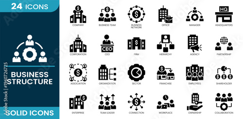 Business structure icon set. Company, business team, organization, CEO, manager, partnership, hierarchy, employees, shareholder, collaboration and more. Solid vector icons collection.
