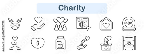 Charity set icon. Money wings, hand heart, group support, online donation, shelter, finance, plant growth, love fund, jar, giving hand, box, baby care, social help, community support