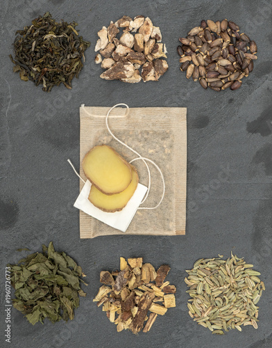 Organic detox tea bag with ingredients, top view, flat lay