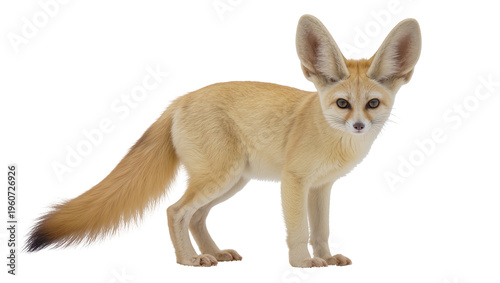 Adorable Fennec Fox cub with large ears and fluffy tail standing alert and curious, isolated on transparent background for animal designs